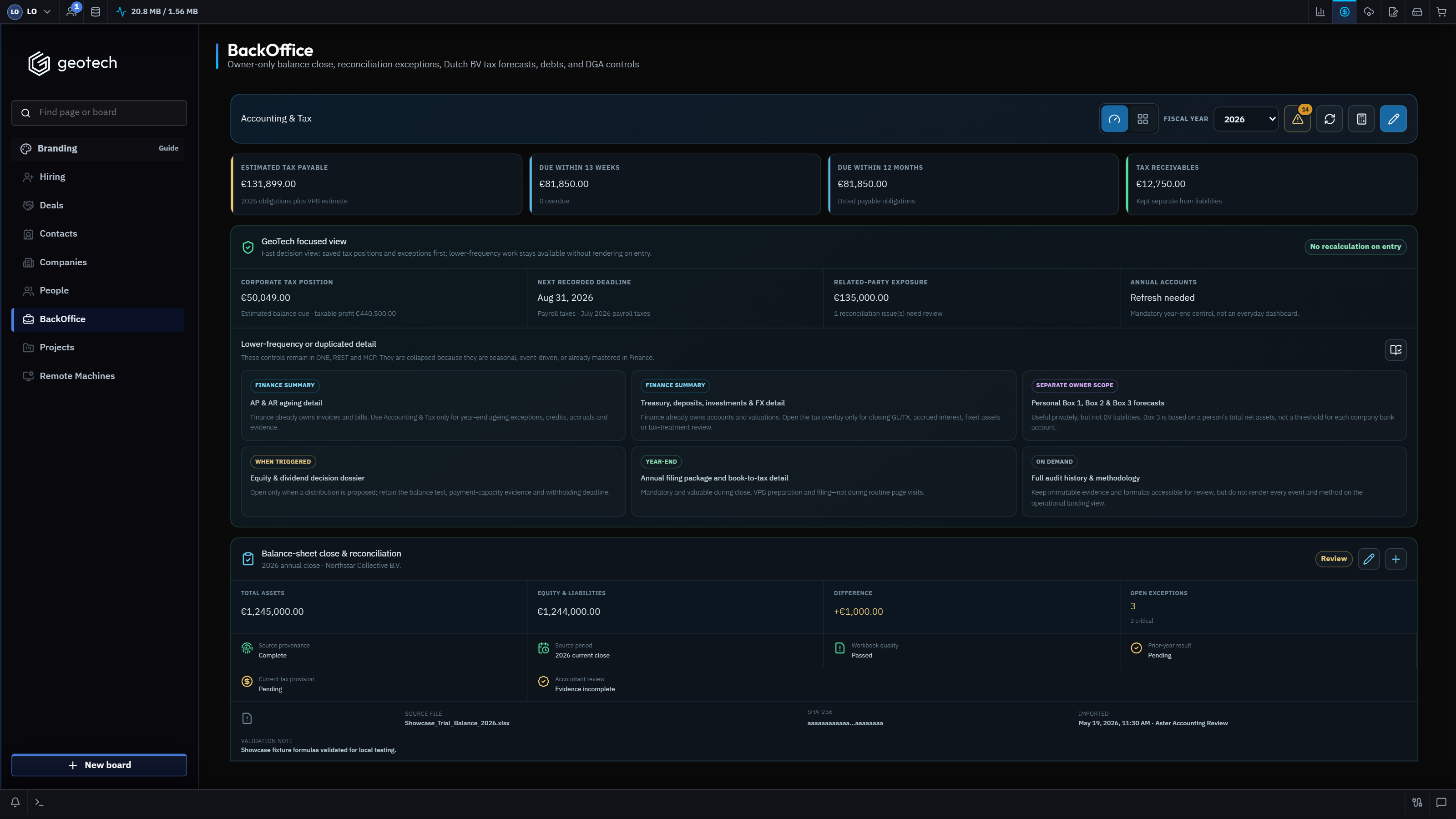 GeoTech ONE Accounting and Tax fiscal-year control workspace with synthetic data