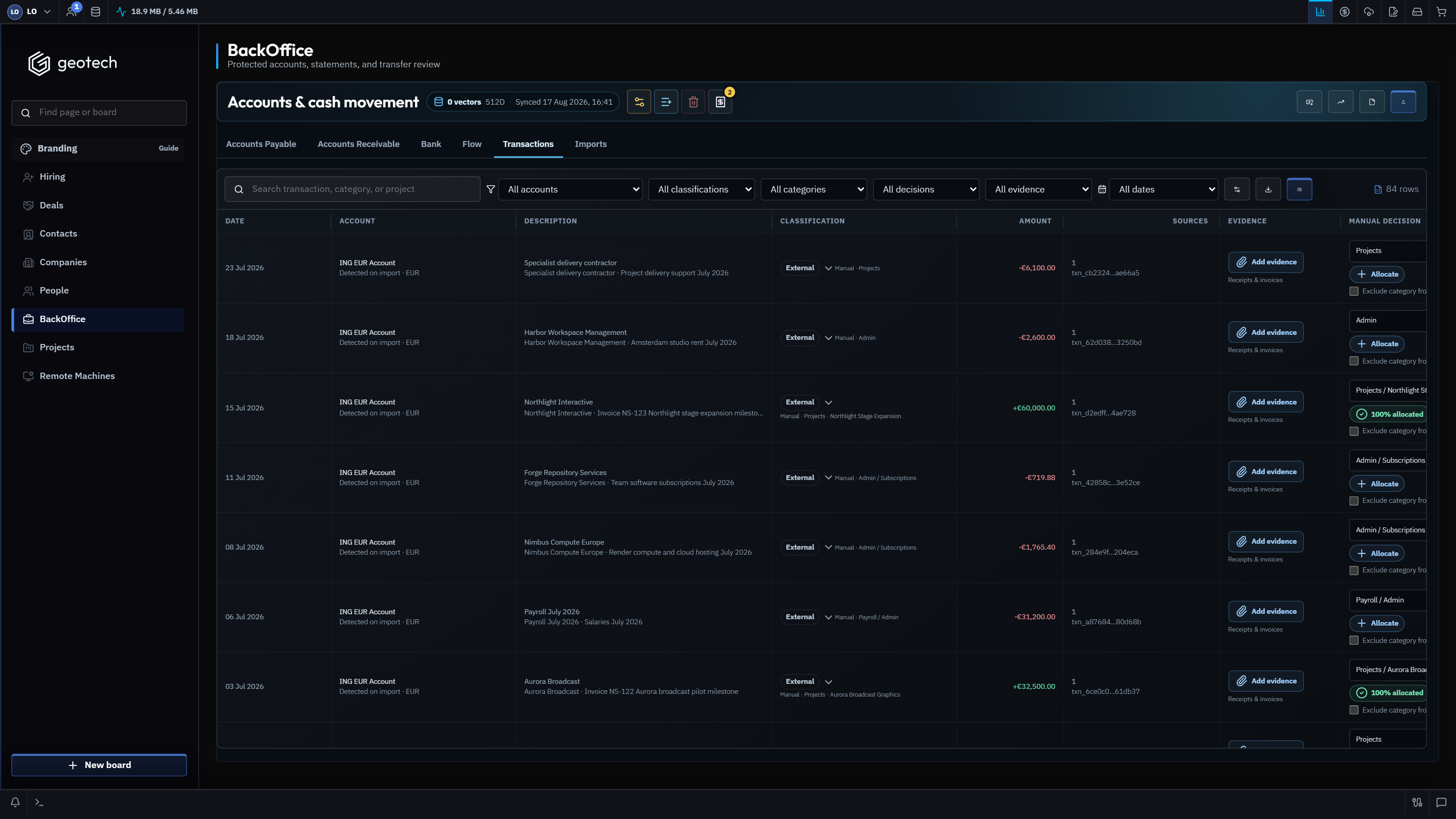 GeoTech ONE BackOffice finance workspace with synthetic reporting data