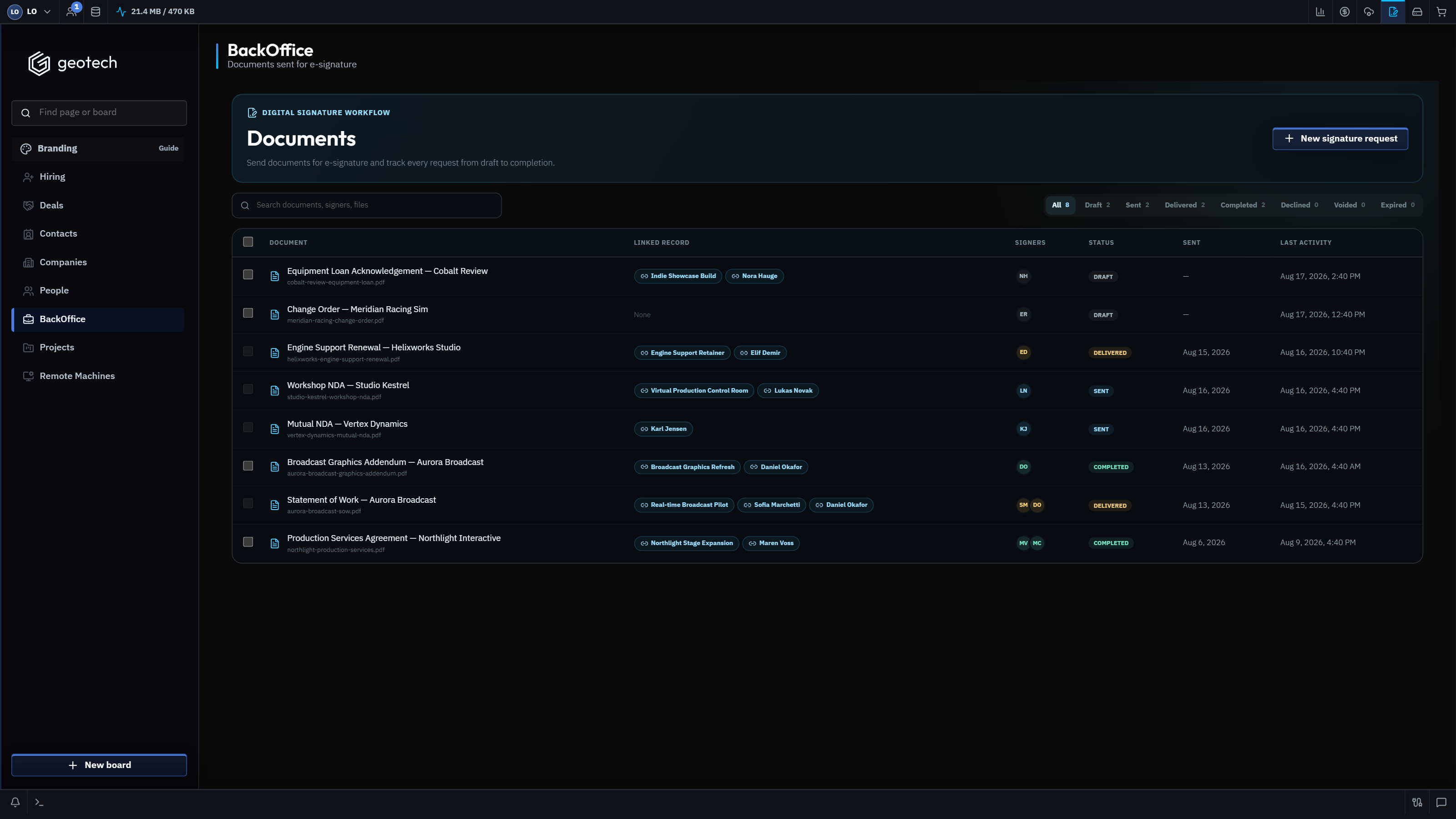 GeoTech ONE Documents signature request workspace with synthetic agreements