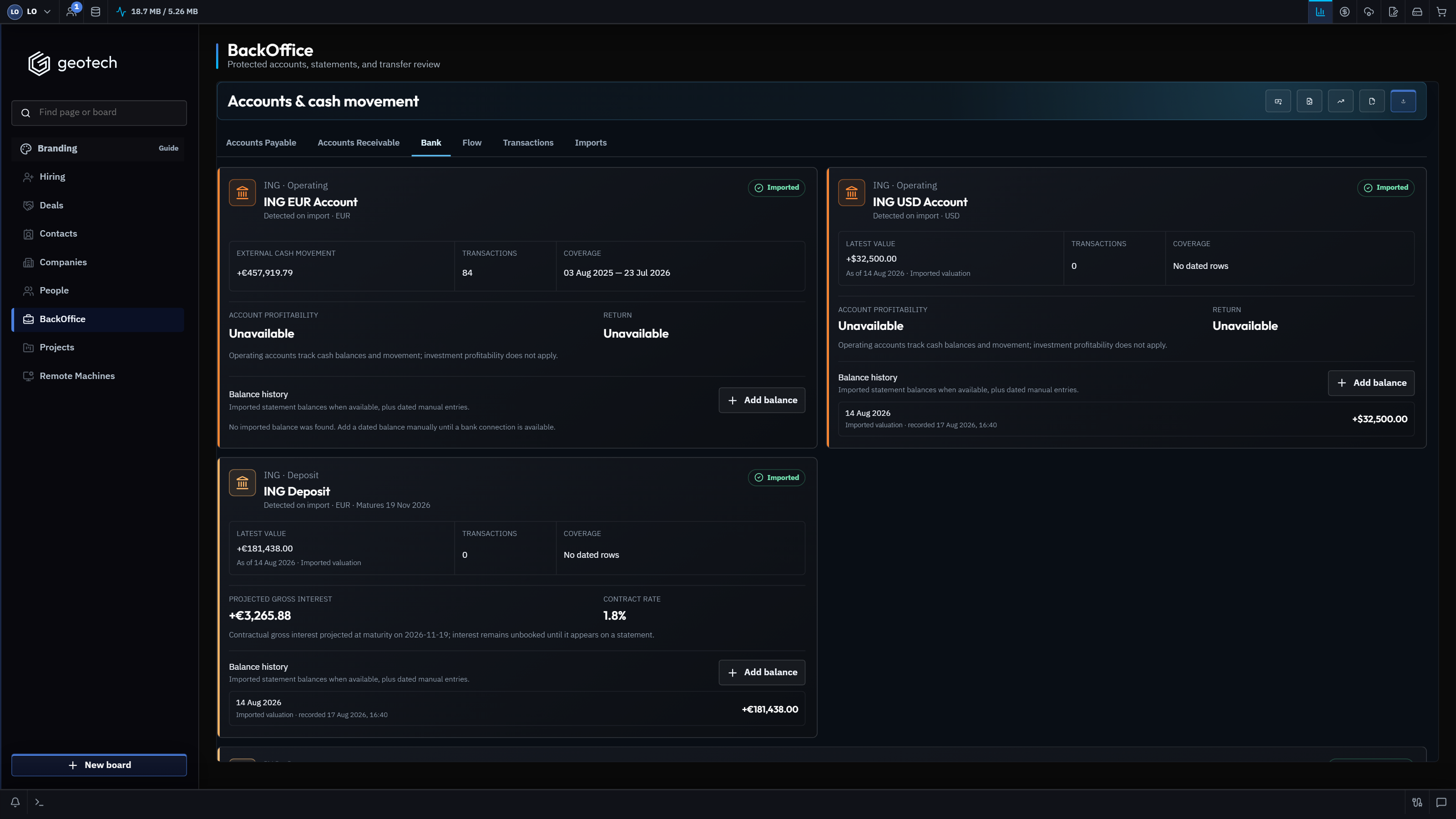 GeoTech ONE Finance overview with synthetic account and reconciliation data