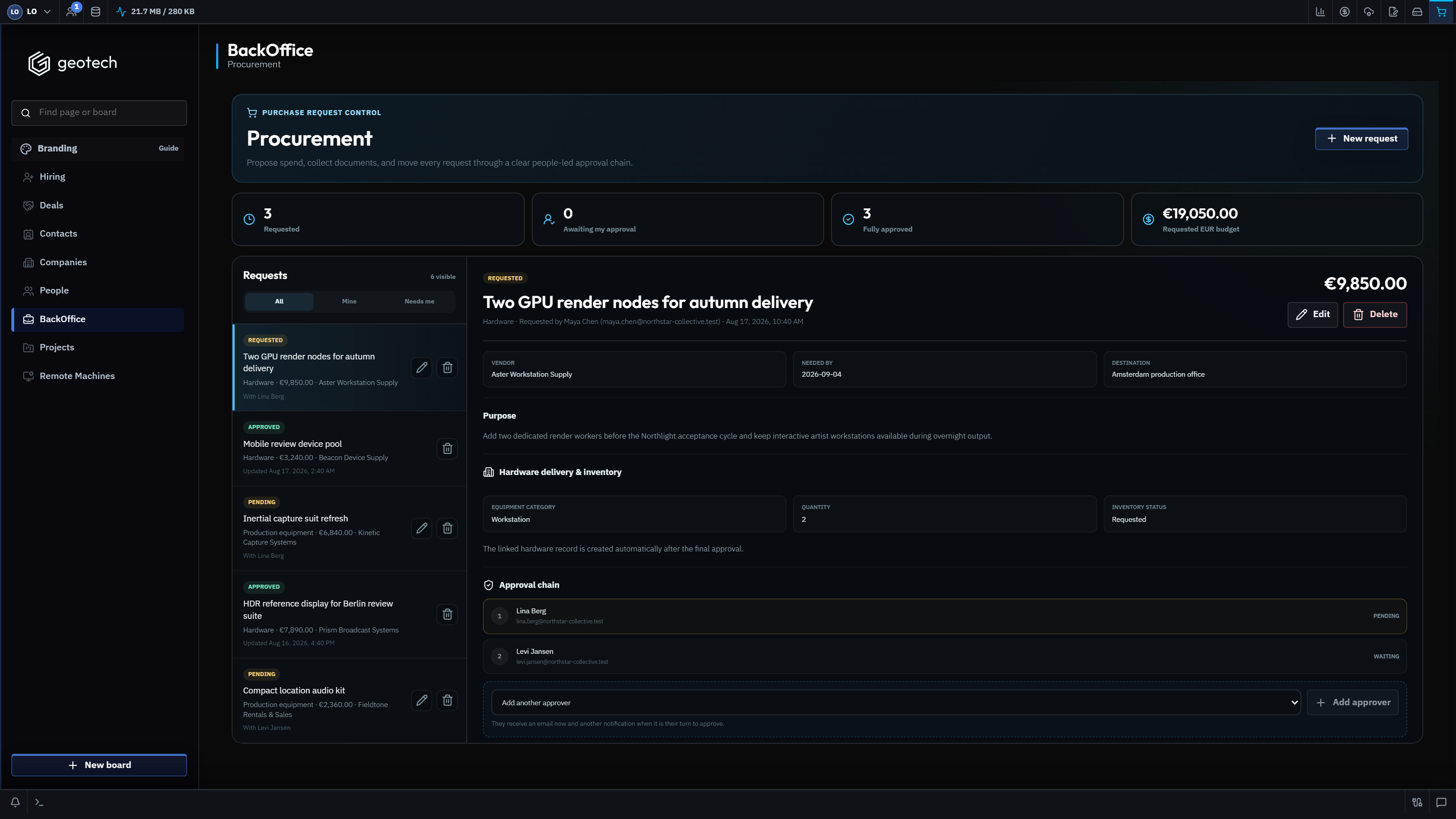 GeoTech ONE Procurement workspace with a synthetic approval request