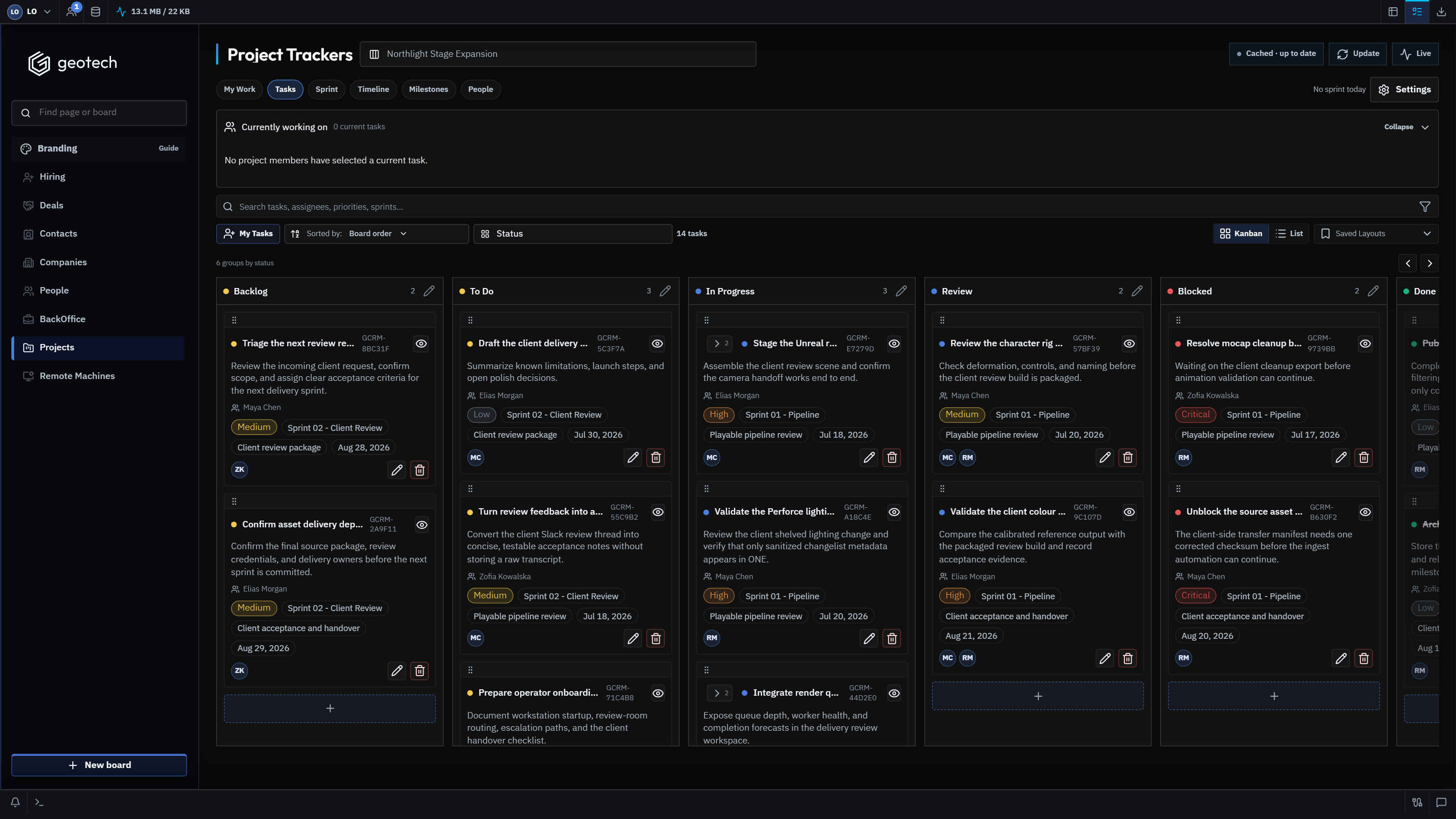 GeoTech ONE production workspace with synthetic active project tasks