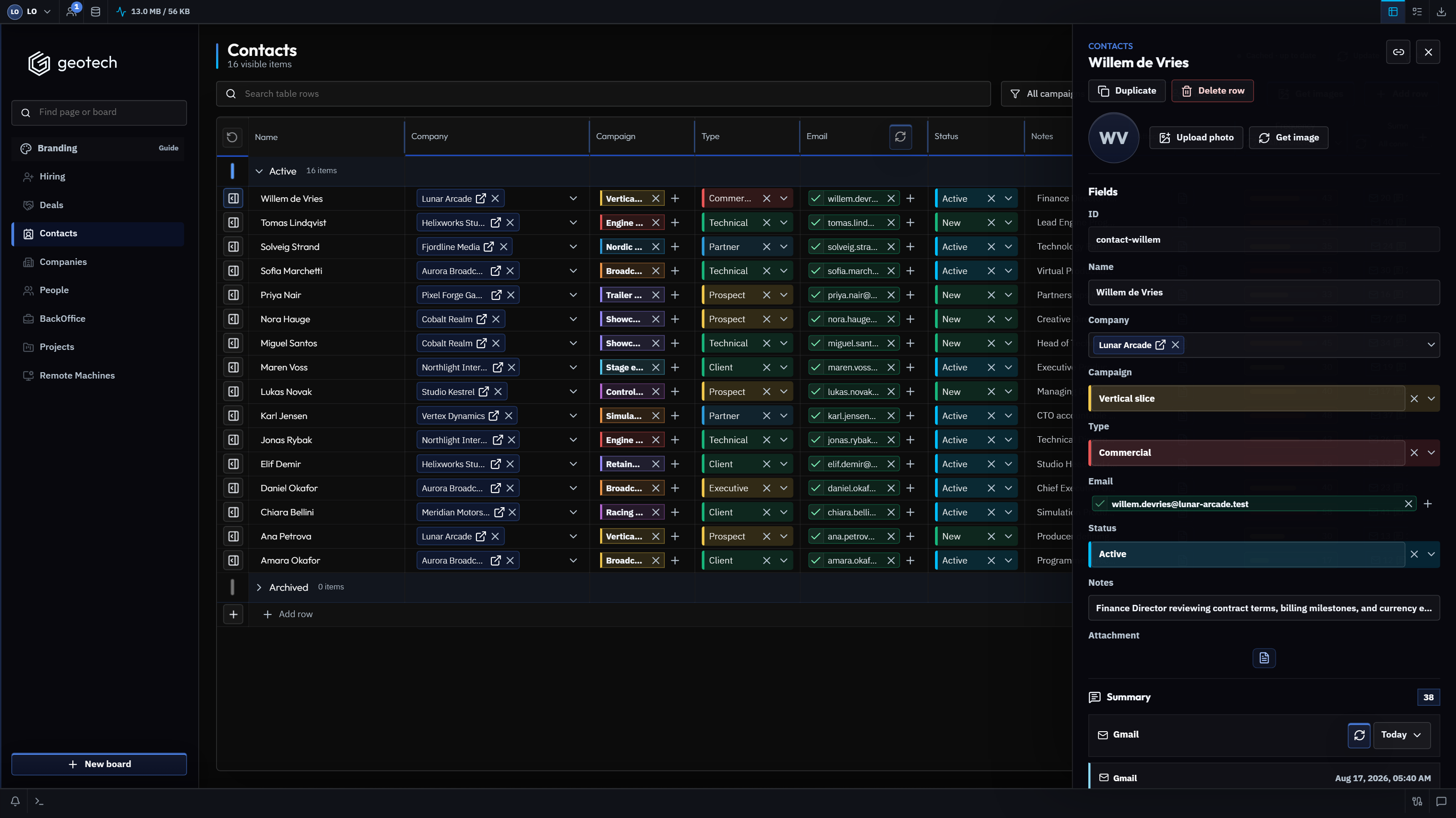 GeoTech ONE client relationship workspace with synthetic data